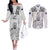 Custom New Zealand Maori Taiaha Couples Matching Off The Shoulder Long Sleeve Dress and Long Sleeve Button Shirt Tiki Warrior White LT05 White - Polynesian Pride