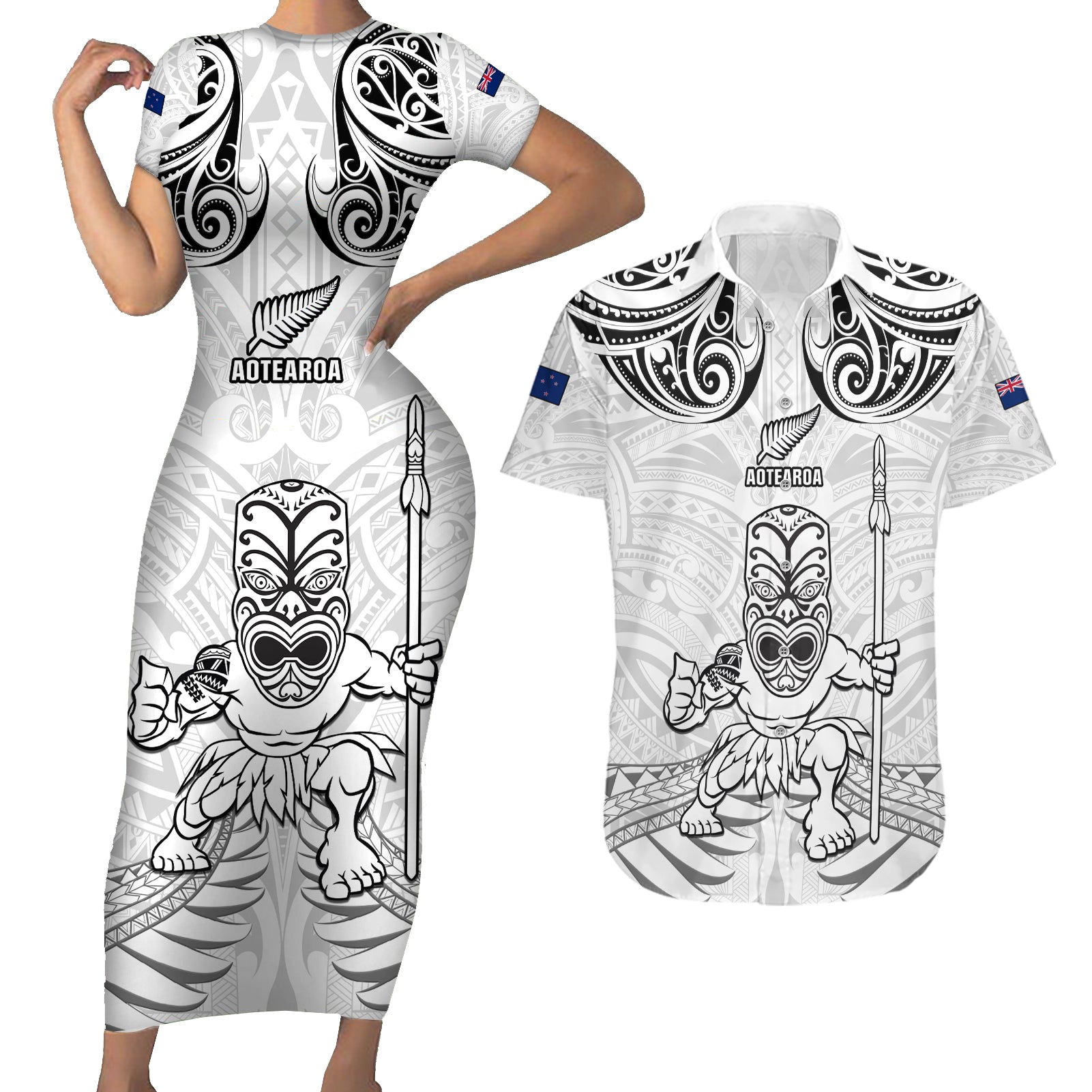 Custom New Zealand Maori Taiaha Couples Matching Short Sleeve Bodycon Dress and Hawaiian Shirt Tiki Warrior White LT05 White - Polynesian Pride