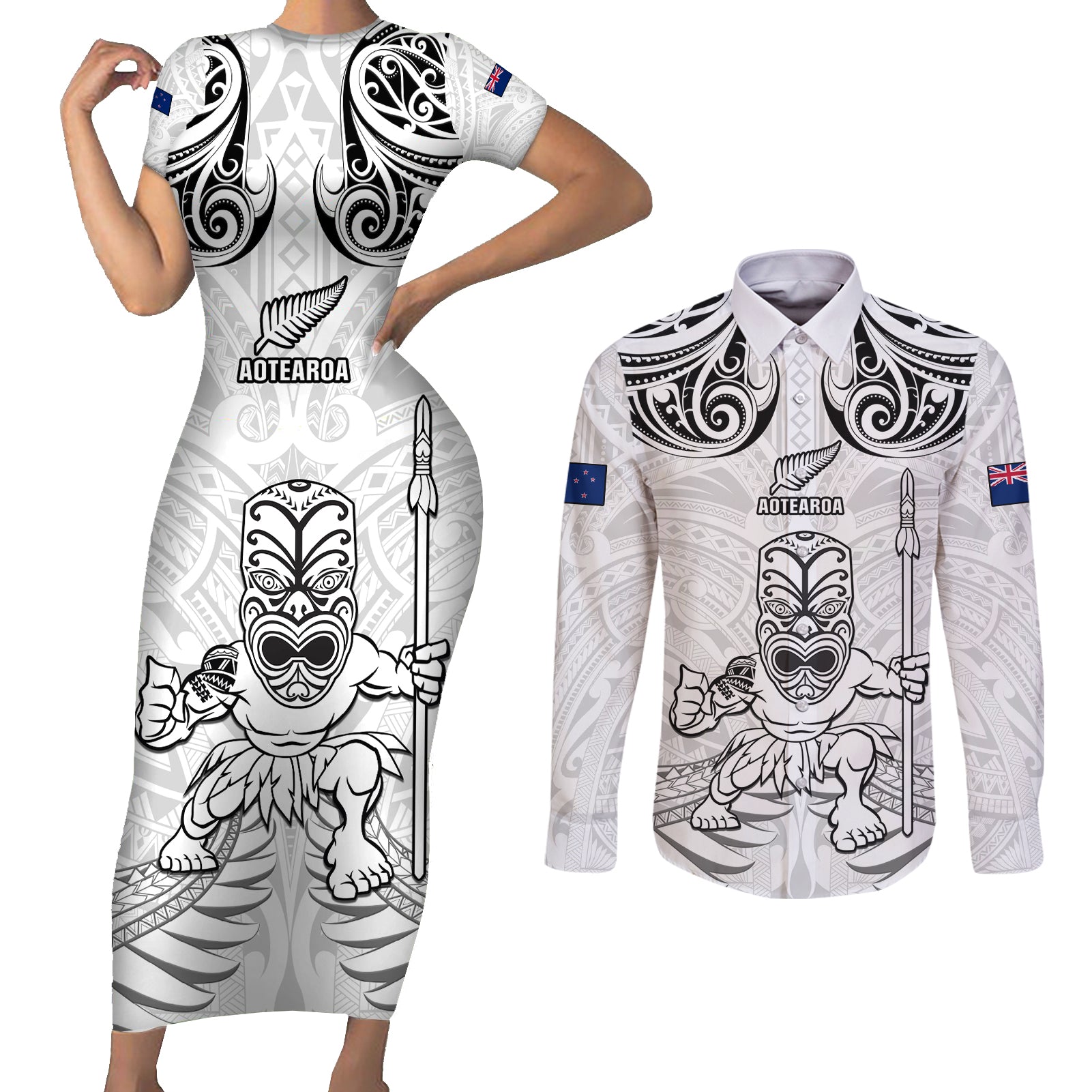 Custom New Zealand Maori Taiaha Couples Matching Short Sleeve Bodycon Dress and Long Sleeve Button Shirt Tiki Warrior White LT05 White - Polynesian Pride