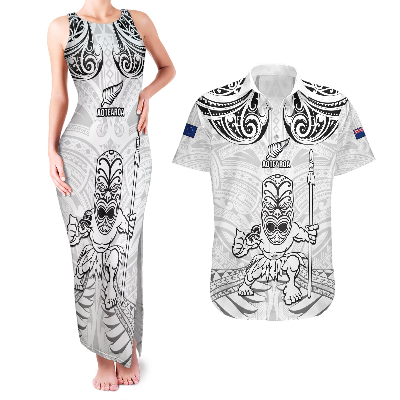 Custom New Zealand Maori Taiaha Couples Matching Tank Maxi Dress and Hawaiian Shirt Tiki Warrior White LT05 White - Polynesian Pride