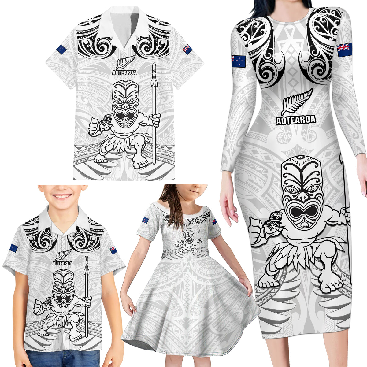 Custom New Zealand Maori Taiaha Family Matching Long Sleeve Bodycon Dress and Hawaiian Shirt Tiki Warrior White LT05 - Polynesian Pride