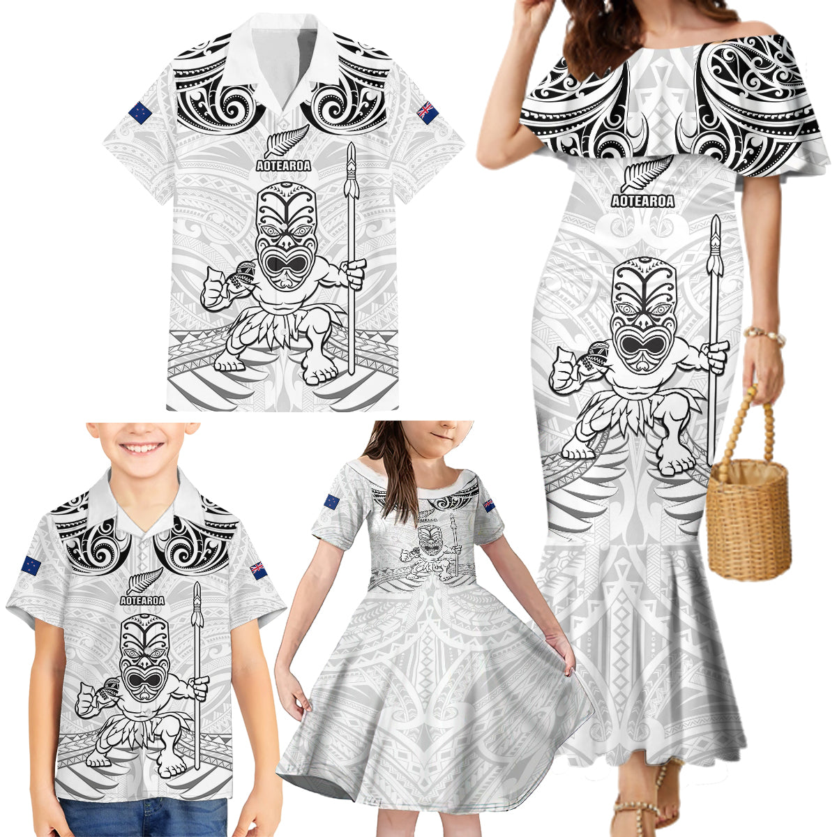 Custom New Zealand Maori Taiaha Family Matching Mermaid Dress and Hawaiian Shirt Tiki Warrior White LT05 - Polynesian Pride