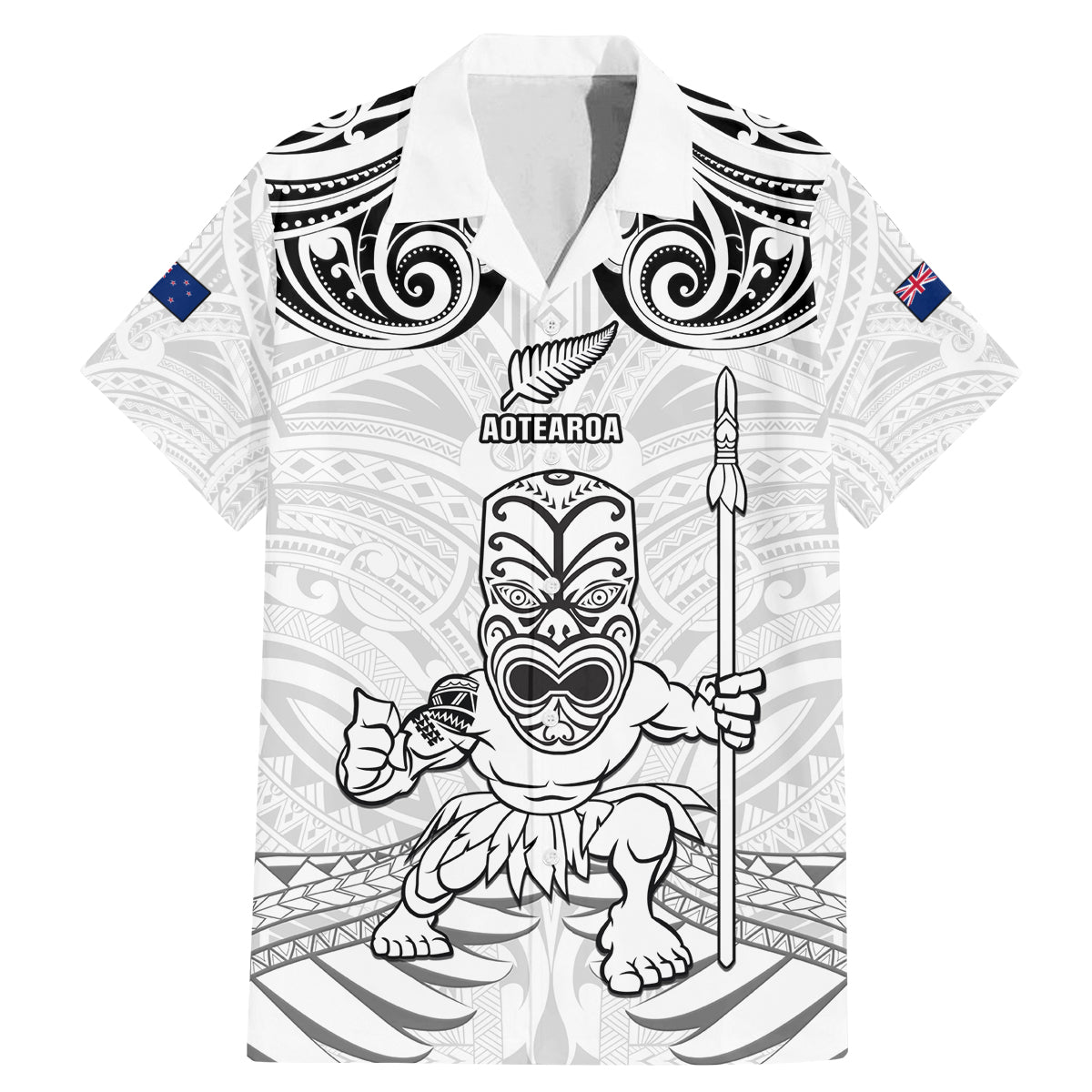 Custom New Zealand Maori Taiaha Family Matching Mermaid Dress and Hawaiian Shirt Tiki Warrior White LT05 Dad's Shirt - Short Sleeve White - Polynesian Pride