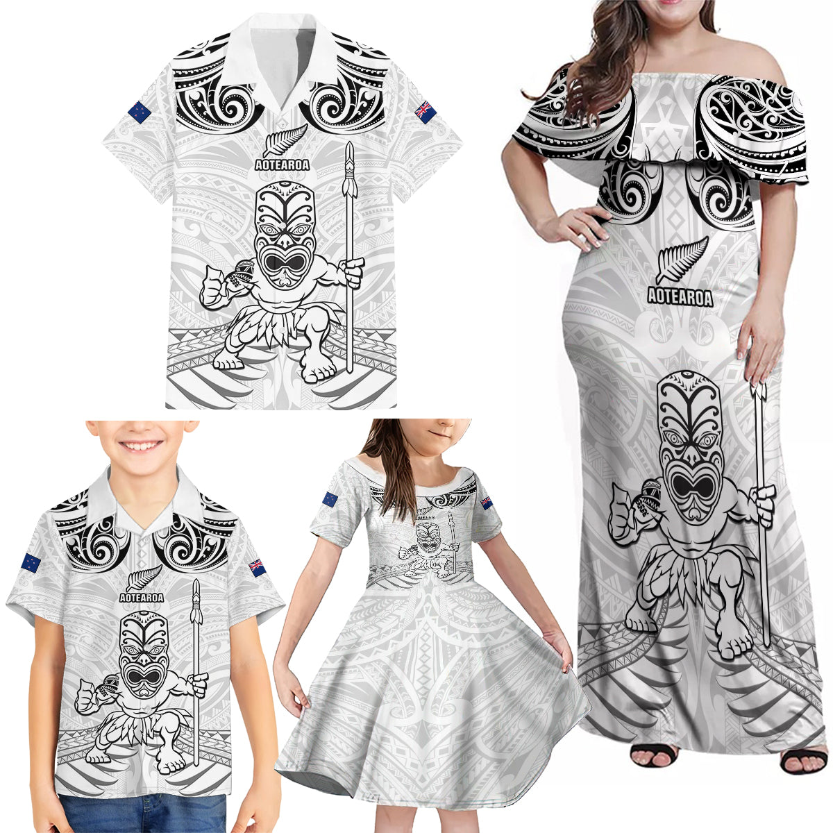 Custom New Zealand Maori Taiaha Family Matching Off Shoulder Maxi Dress and Hawaiian Shirt Tiki Warrior White LT05 - Polynesian Pride