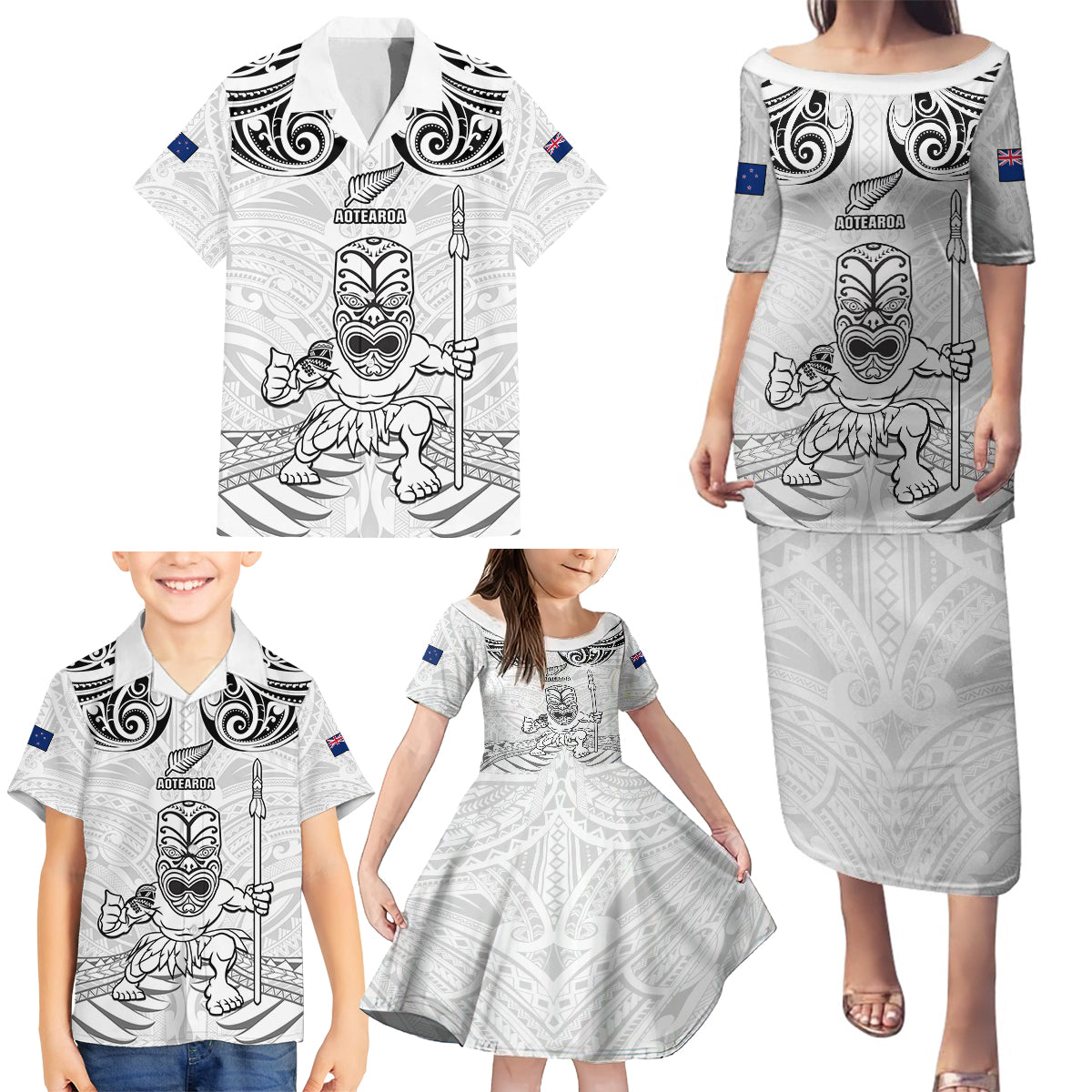 Custom New Zealand Maori Taiaha Family Matching Puletasi and Hawaiian Shirt Tiki Warrior White LT05 - Polynesian Pride