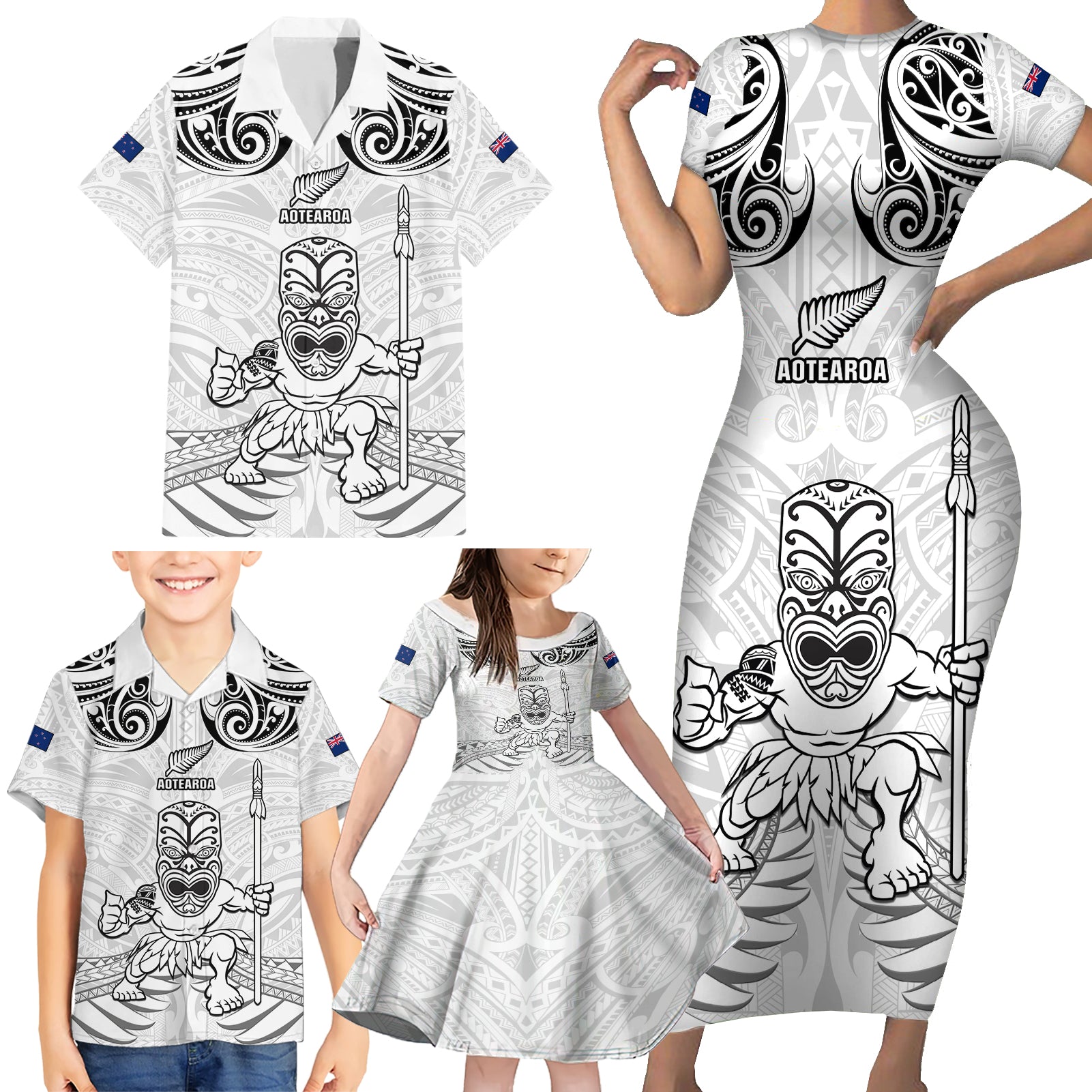 Custom New Zealand Maori Taiaha Family Matching Short Sleeve Bodycon Dress and Hawaiian Shirt Tiki Warrior White LT05 - Polynesian Pride