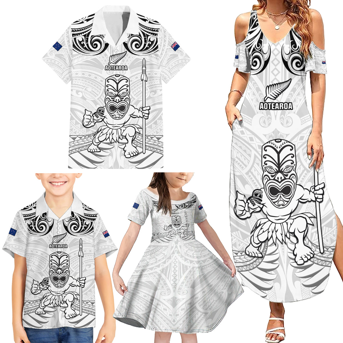 Custom New Zealand Maori Taiaha Family Matching Summer Maxi Dress and Hawaiian Shirt Tiki Warrior White LT05 - Polynesian Pride