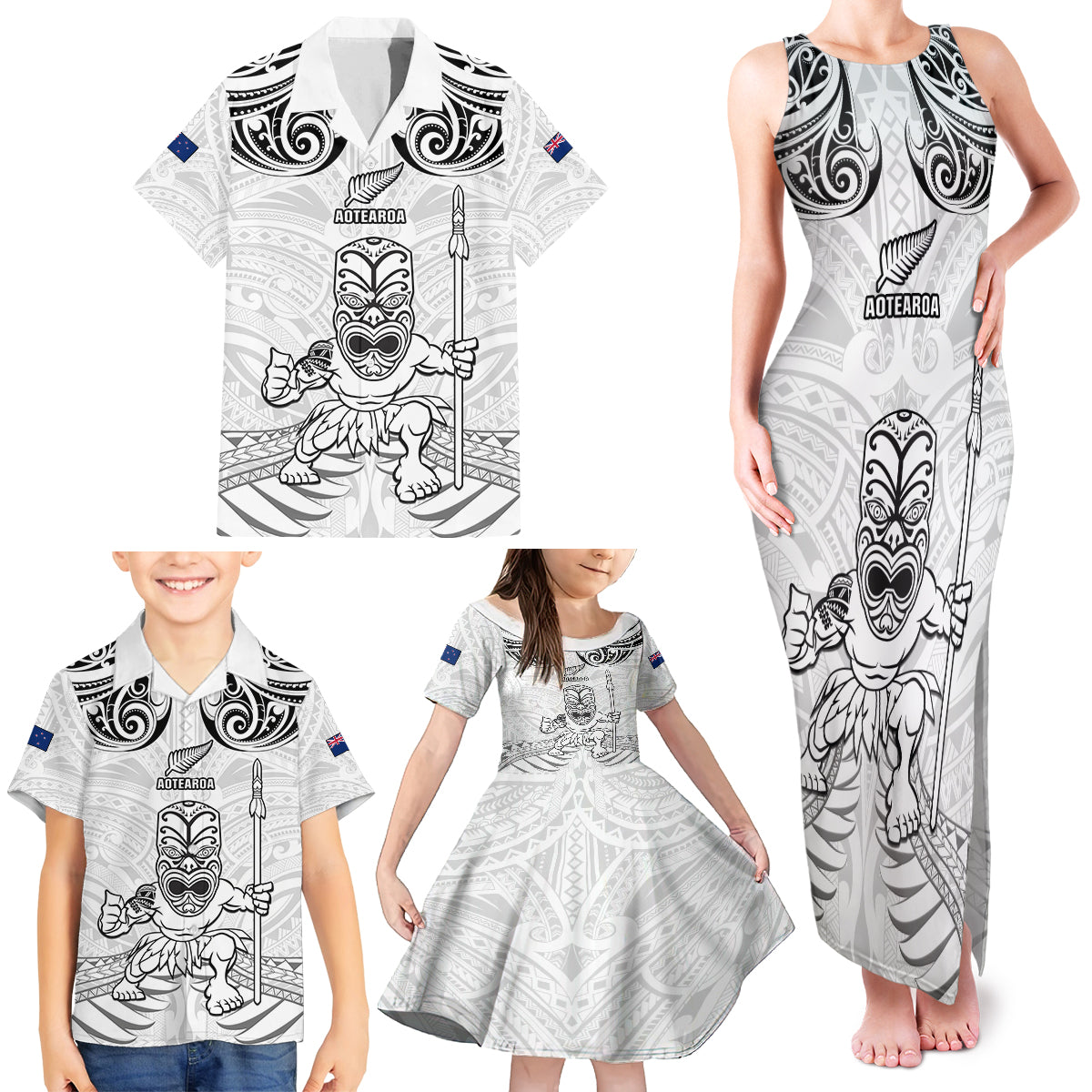 Custom New Zealand Maori Taiaha Family Matching Tank Maxi Dress and Hawaiian Shirt Tiki Warrior White LT05 - Polynesian Pride