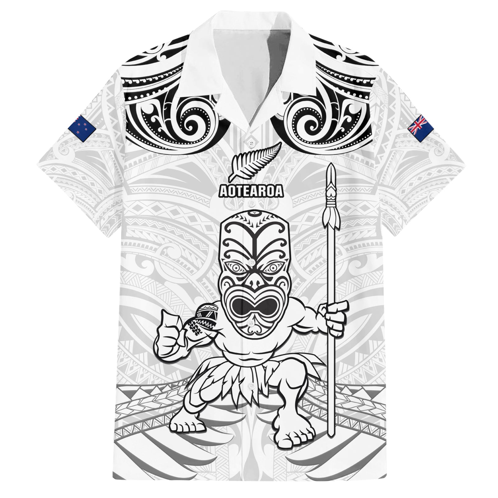 Custom New Zealand Maori Taiaha Hawaiian Shirt Tiki Warrior White LT05 White - Polynesian Pride