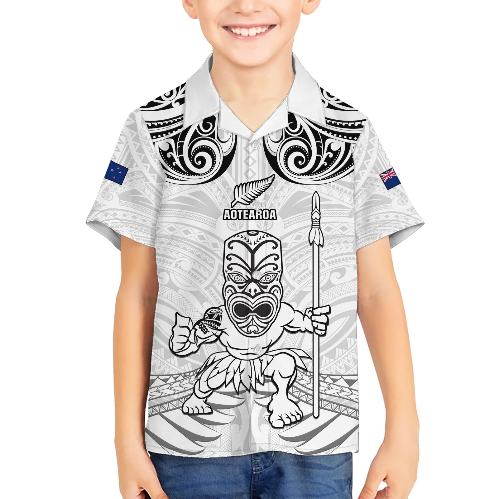 Custom New Zealand Maori Taiaha Kid Hawaiian Shirt Tiki Warrior White LT05 Kid White - Polynesian Pride