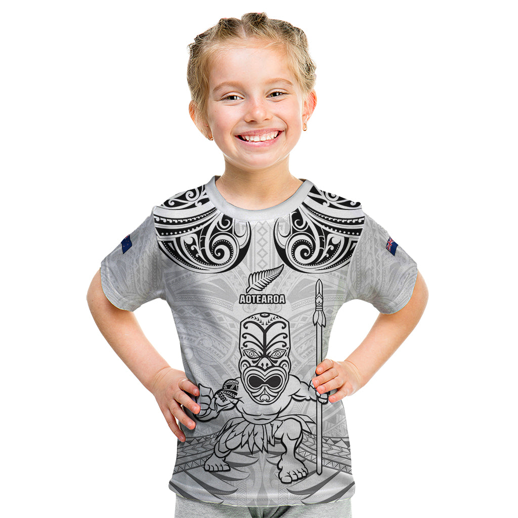 Custom New Zealand Maori Taiaha Kid T Shirt Tiki Warrior White LT05 White - Polynesian Pride