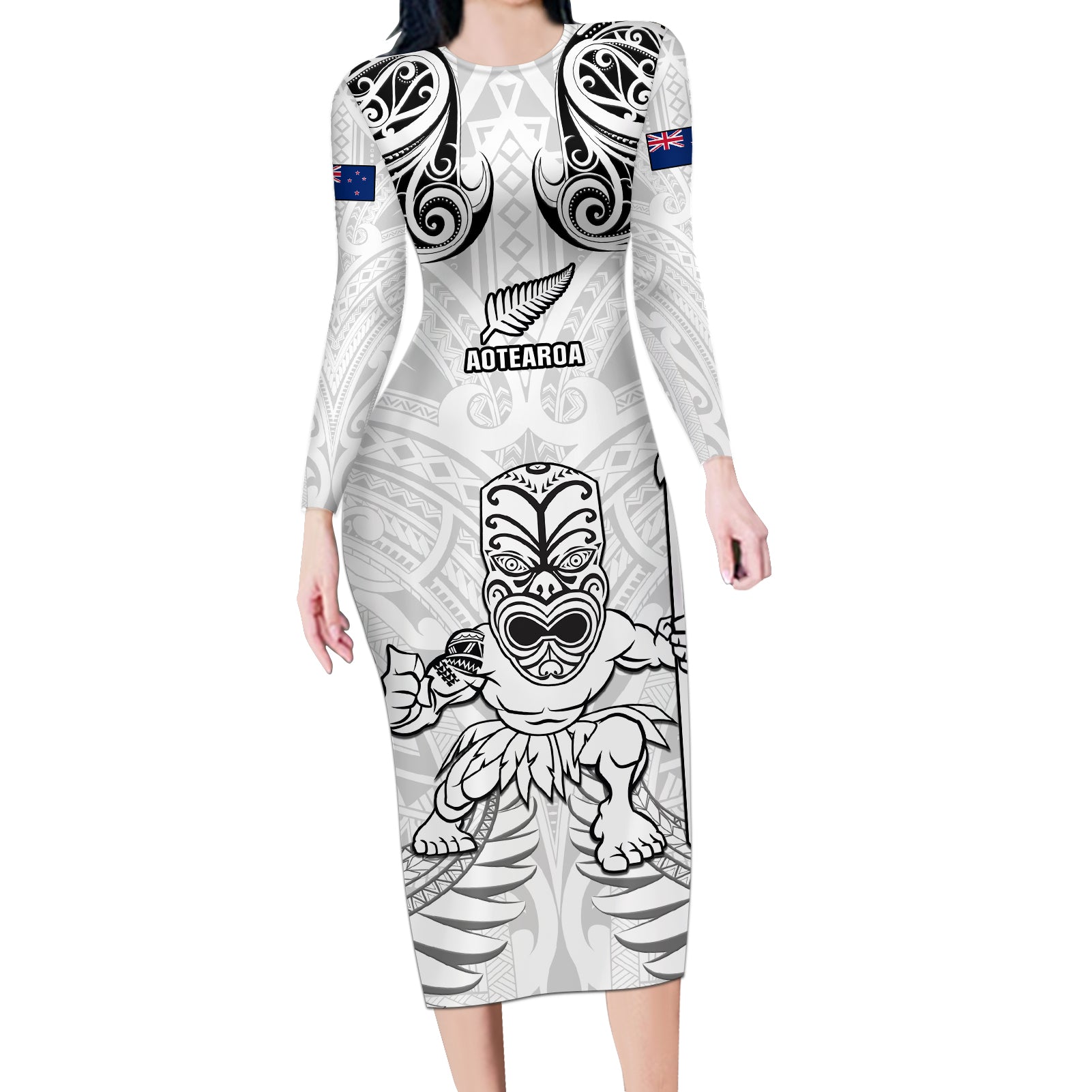 Custom New Zealand Maori Taiaha Long Sleeve Bodycon Dress Tiki Warrior White LT05 Long Dress White - Polynesian Pride