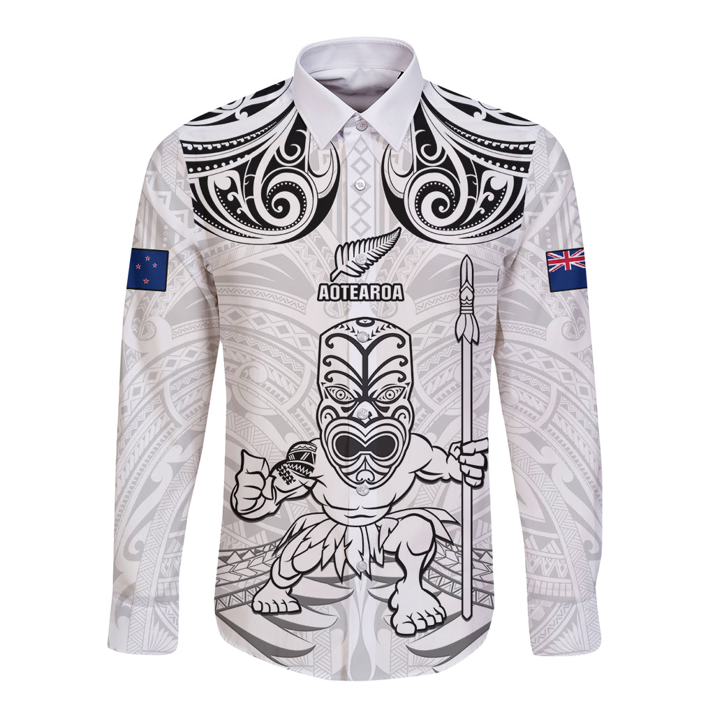 Custom New Zealand Maori Taiaha Long Sleeve Button Shirt Tiki Warrior White LT05 Unisex White - Polynesian Pride