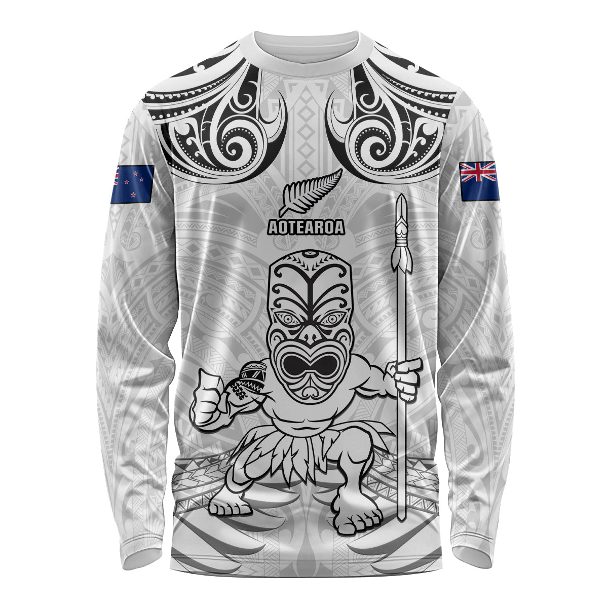 Custom New Zealand Maori Taiaha Long Sleeve Shirt Tiki Warrior White LT05 Unisex White - Polynesian Pride