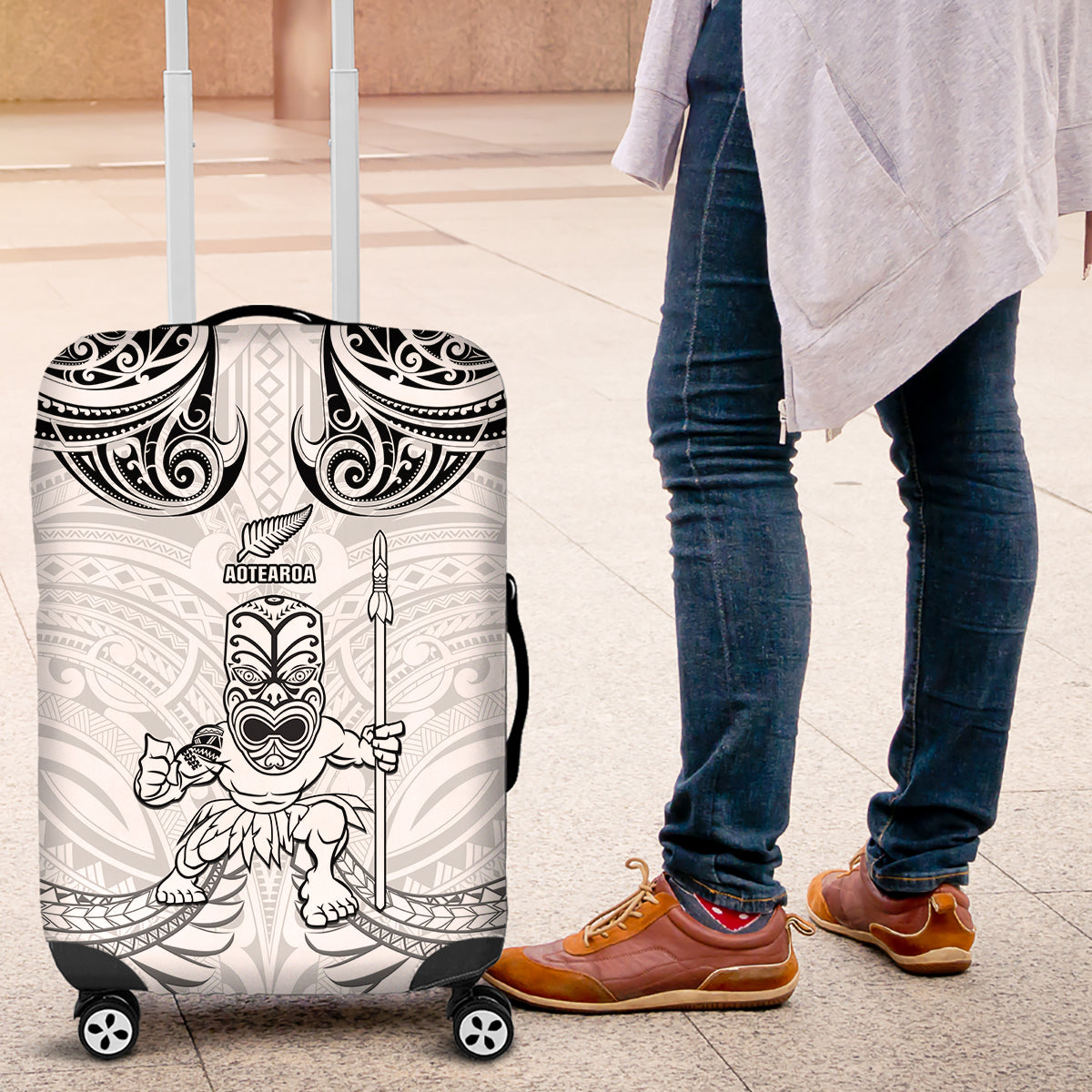 New Zealand Maori Taiaha Luggage Cover Tiki Warrior White LT05 White - Polynesian Pride