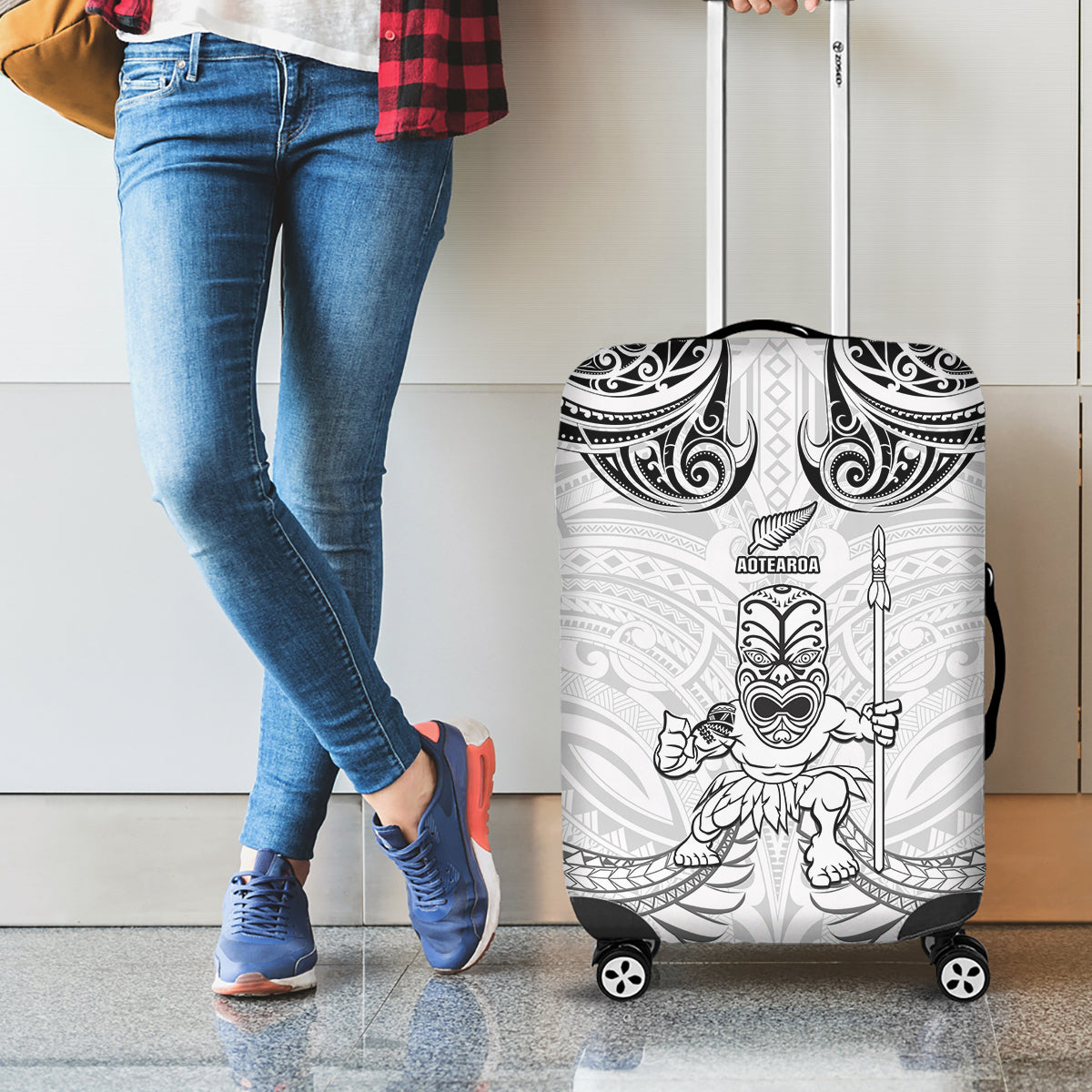 New Zealand Maori Taiaha Luggage Cover Tiki Warrior White LT05 - Polynesian Pride