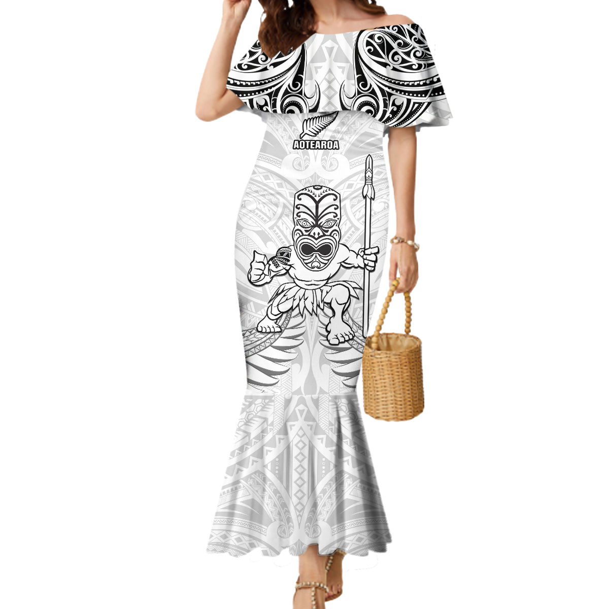 Custom New Zealand Maori Taiaha Mermaid Dress Tiki Warrior White LT05 Women White - Polynesian Pride