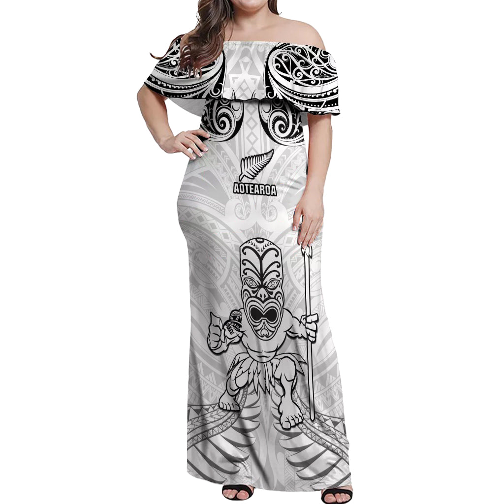 Custom New Zealand Maori Taiaha Off Shoulder Maxi Dress Tiki Warrior White LT05 Women White - Polynesian Pride