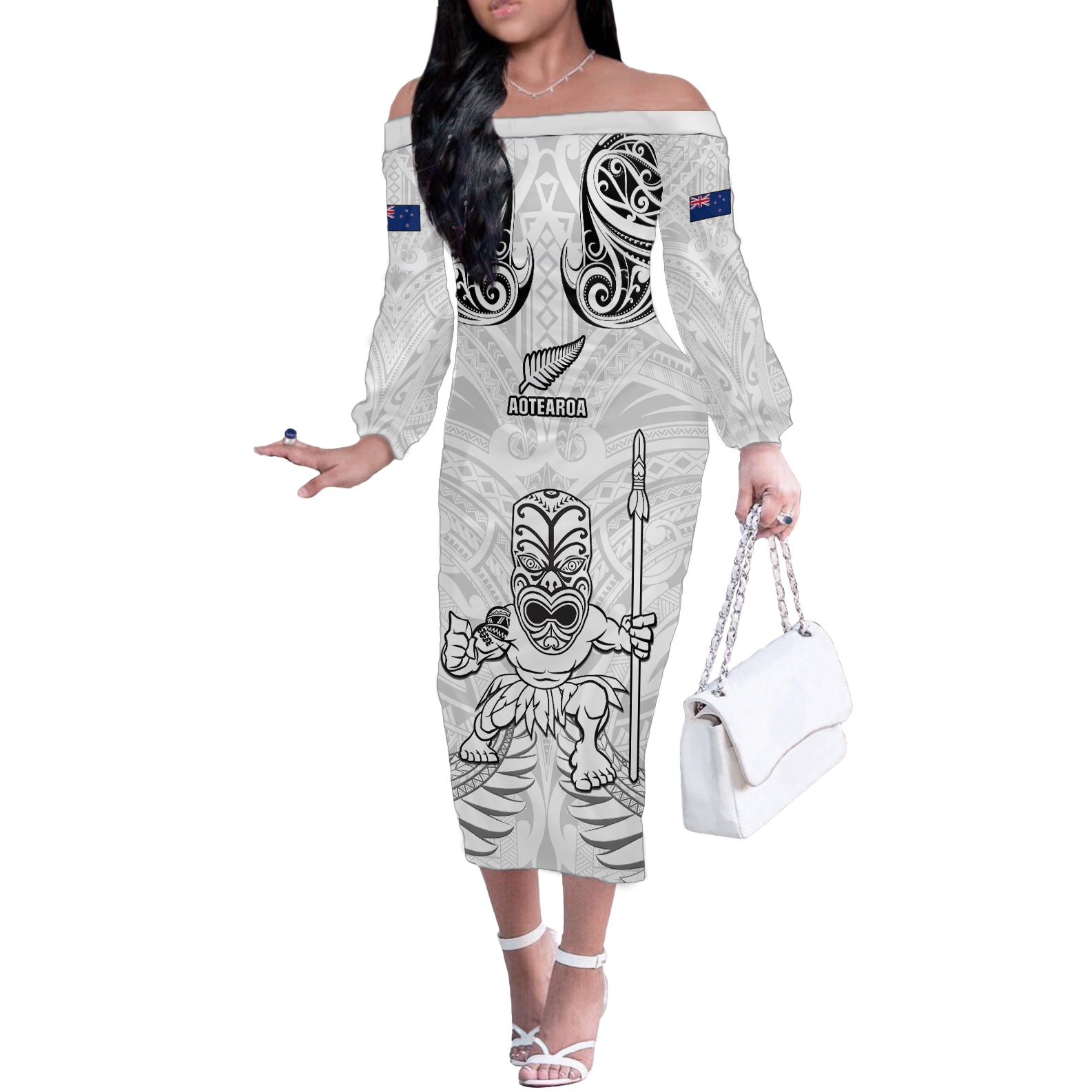 Custom New Zealand Maori Taiaha Off The Shoulder Long Sleeve Dress Tiki Warrior White LT05 Women White - Polynesian Pride