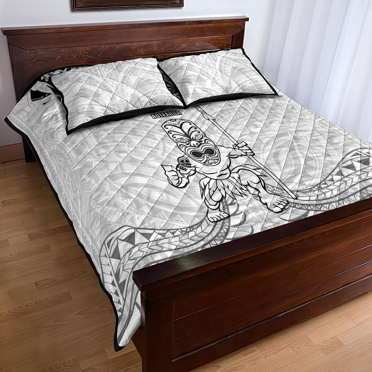 New Zealand Maori Taiaha Quilt Bed Set Tiki Warrior White LT05 - Polynesian Pride