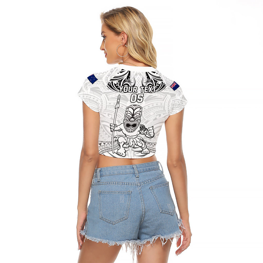 Custom New Zealand Maori Taiaha Raglan Cropped T Shirt Tiki Warrior White LT05 - Polynesian Pride