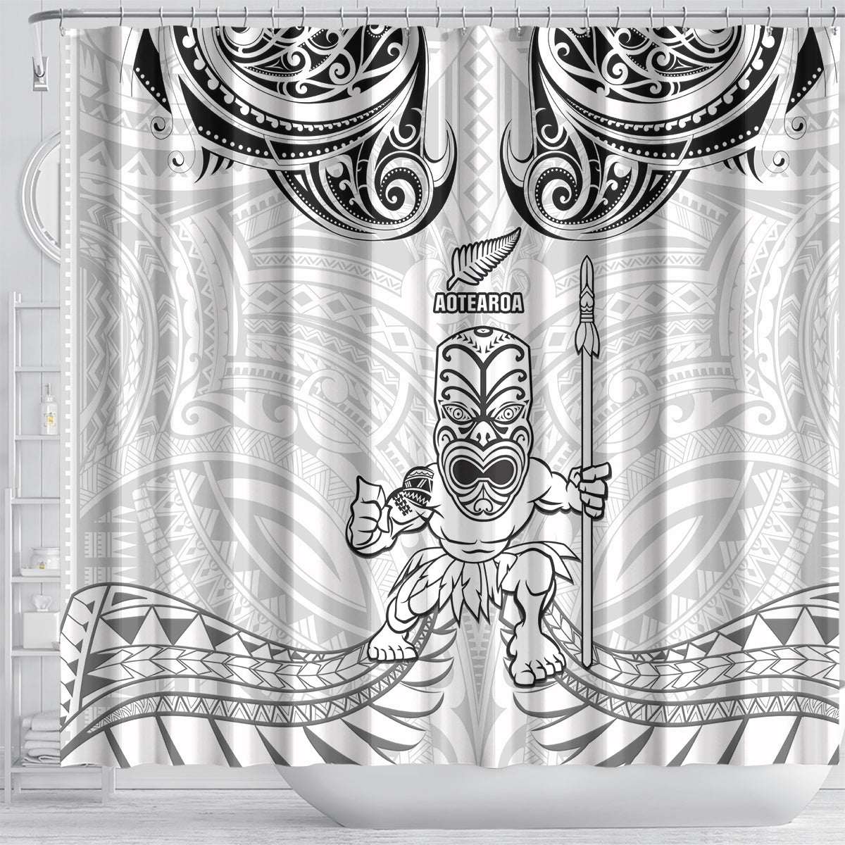 New Zealand Maori Taiaha Shower Curtain Tiki Warrior White LT05 - Polynesian Pride