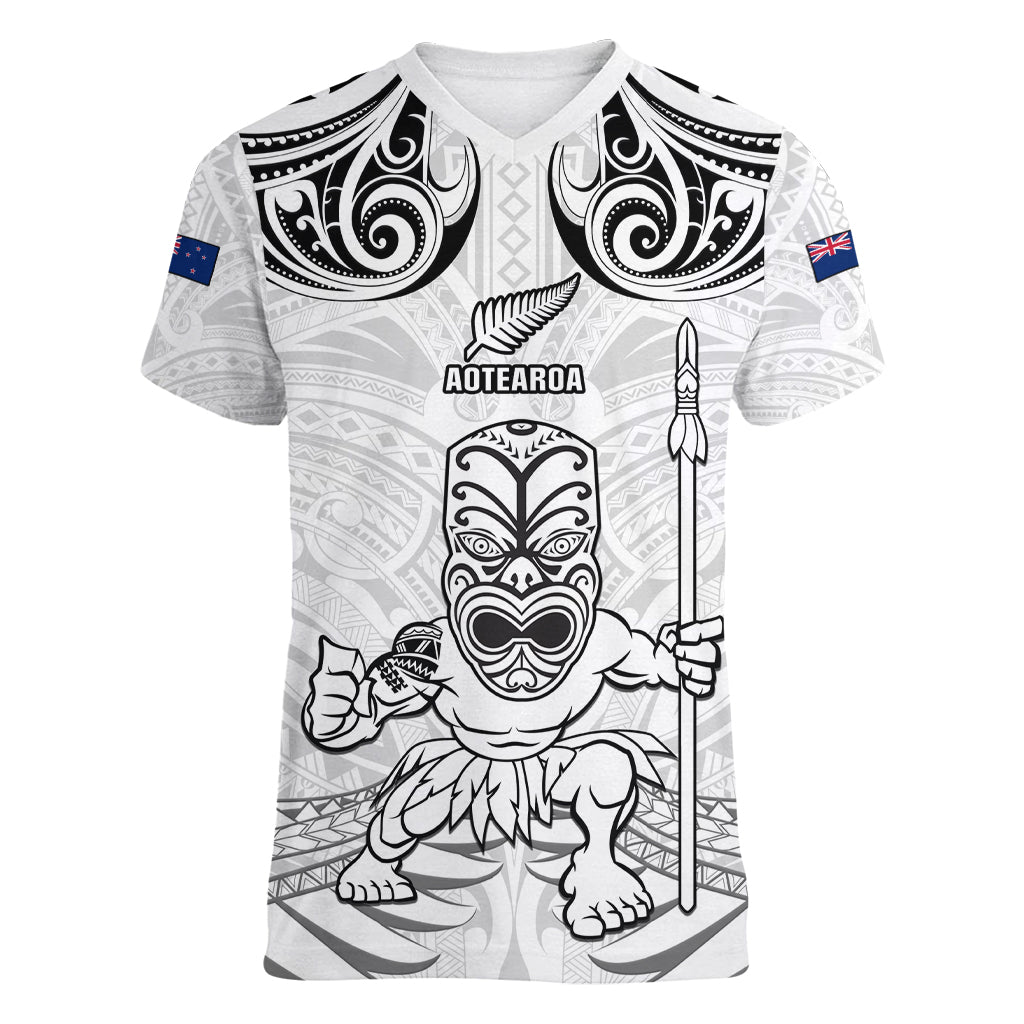 Custom New Zealand Maori Taiaha Women V Neck T Shirt Tiki Warrior White LT05 Female White - Polynesian Pride