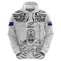 Custom New Zealand Maori Taiaha Zip Hoodie Tiki Warrior White LT05 - Polynesian Pride