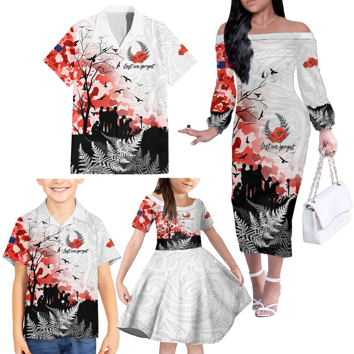 Kei Wareware Tatou New Zealand ANZAC Day Family Matching Off Shoulder Long Sleeve Dress and Hawaiian Shirt Lest We Forget LT05 - Polynesian Pride