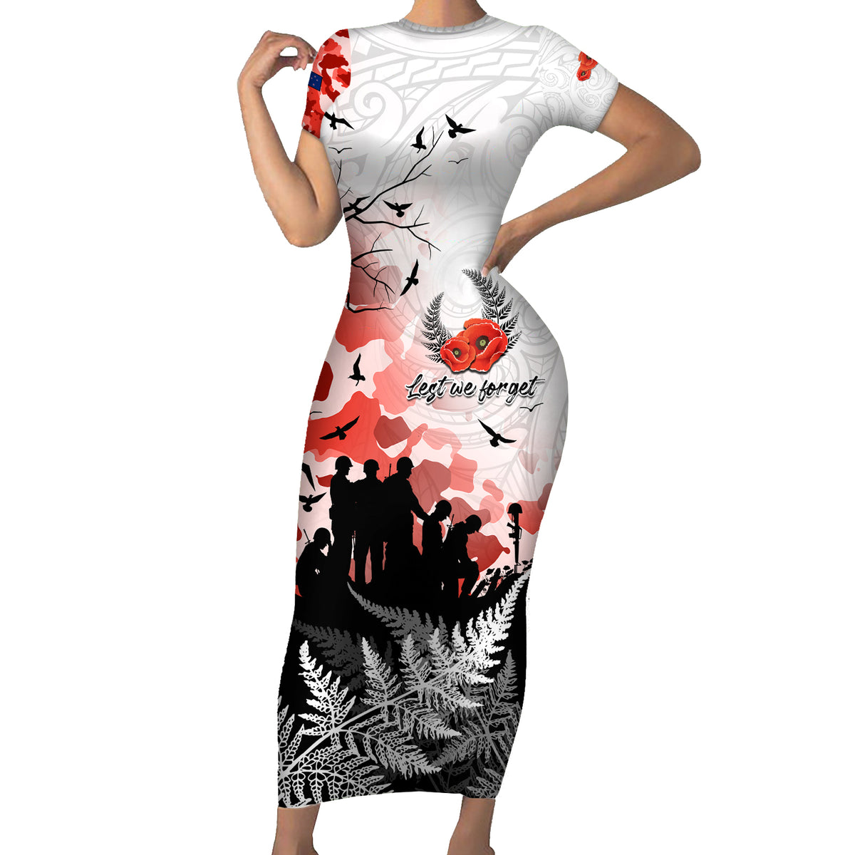 Kei Wareware Tatou New Zealand ANZAC Day Family Matching Short Sleeve Bodycon Dress and Hawaiian Shirt Lest We Forget LT05 Mom's Dress White - Polynesian Pride