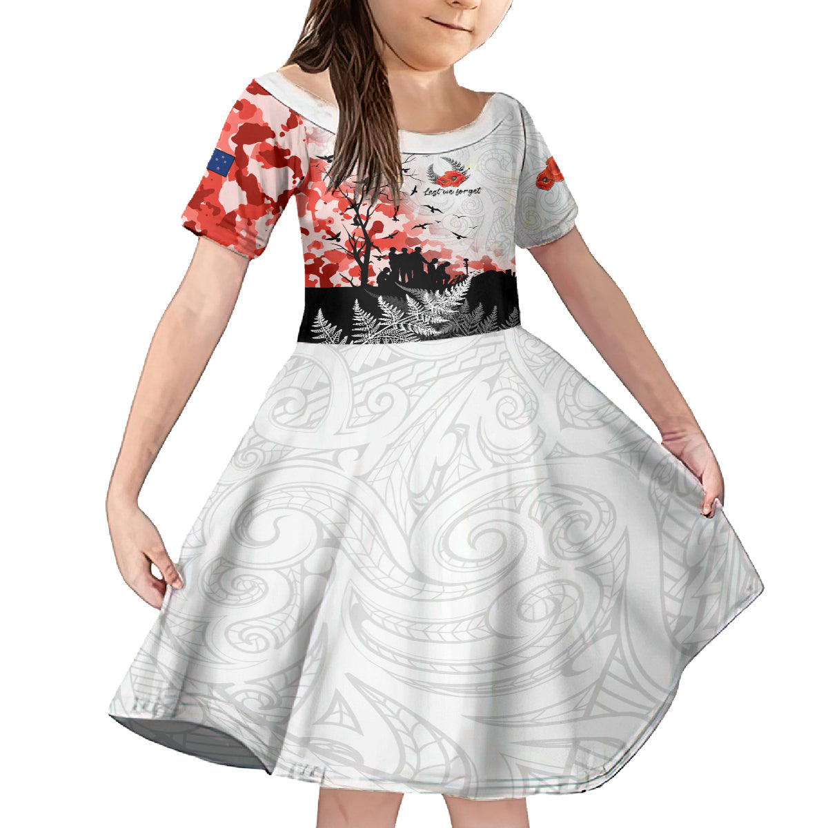 Kei Wareware Tatou New Zealand ANZAC Day Family Matching Tank Maxi Dress and Hawaiian Shirt Lest We Forget LT05 Daughter's Dress White - Polynesian Pride