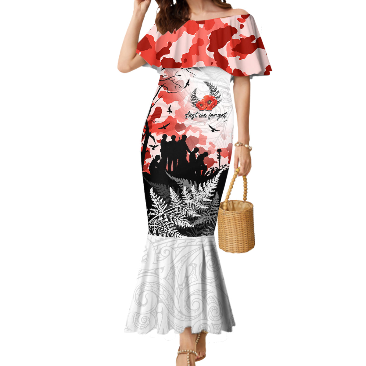 Kei Wareware Tatou New Zealand ANZAC Day Mermaid Dress Lest We Forget LT05 Women White - Polynesian Pride