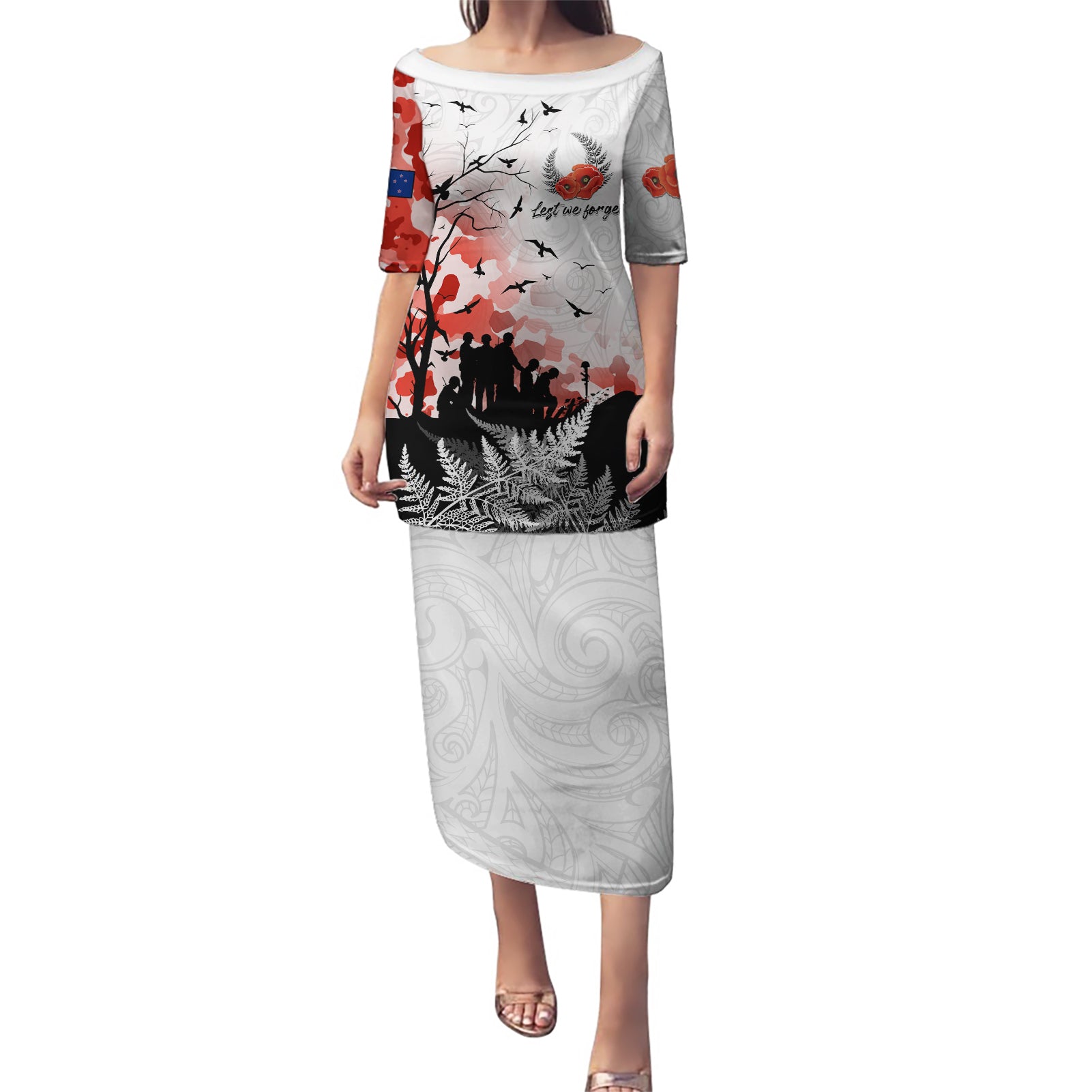 Kei Wareware Tatou New Zealand ANZAC Day Puletasi Lest We Forget LT05 Long Dress White - Polynesian Pride