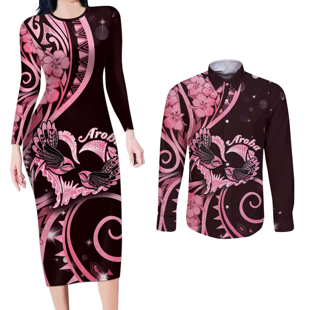 New Zealand Valentine Couples Matching Long Sleeve Bodycon Dress and Long Sleeve Button Shirt Aroha Sweet Pink Piwakawaka