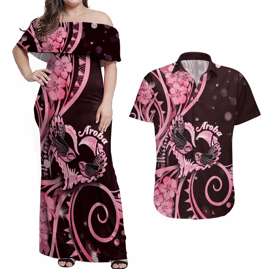 New Zealand Valentine Couples Matching Off Shoulder Maxi Dress and Hawaiian Shirt Aroha Sweet Pink Piwakawaka