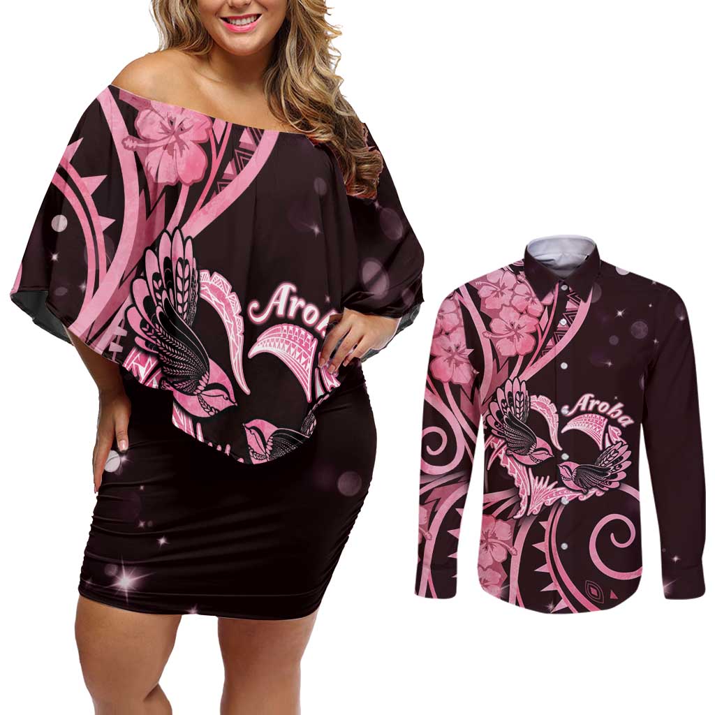 New Zealand Valentine Couples Matching Off Shoulder Short Dress and Long Sleeve Button Shirt Aroha Sweet Pink Piwakawaka