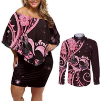 New Zealand Valentine Couples Matching Off Shoulder Short Dress and Long Sleeve Button Shirt Aroha Sweet Pink Piwakawaka