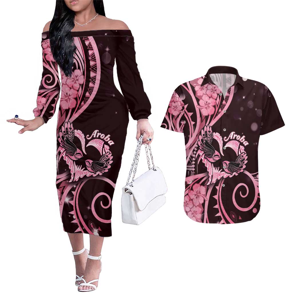 New Zealand Valentine Couples Matching Off The Shoulder Long Sleeve Dress and Hawaiian Shirt Aroha Sweet Pink Piwakawaka