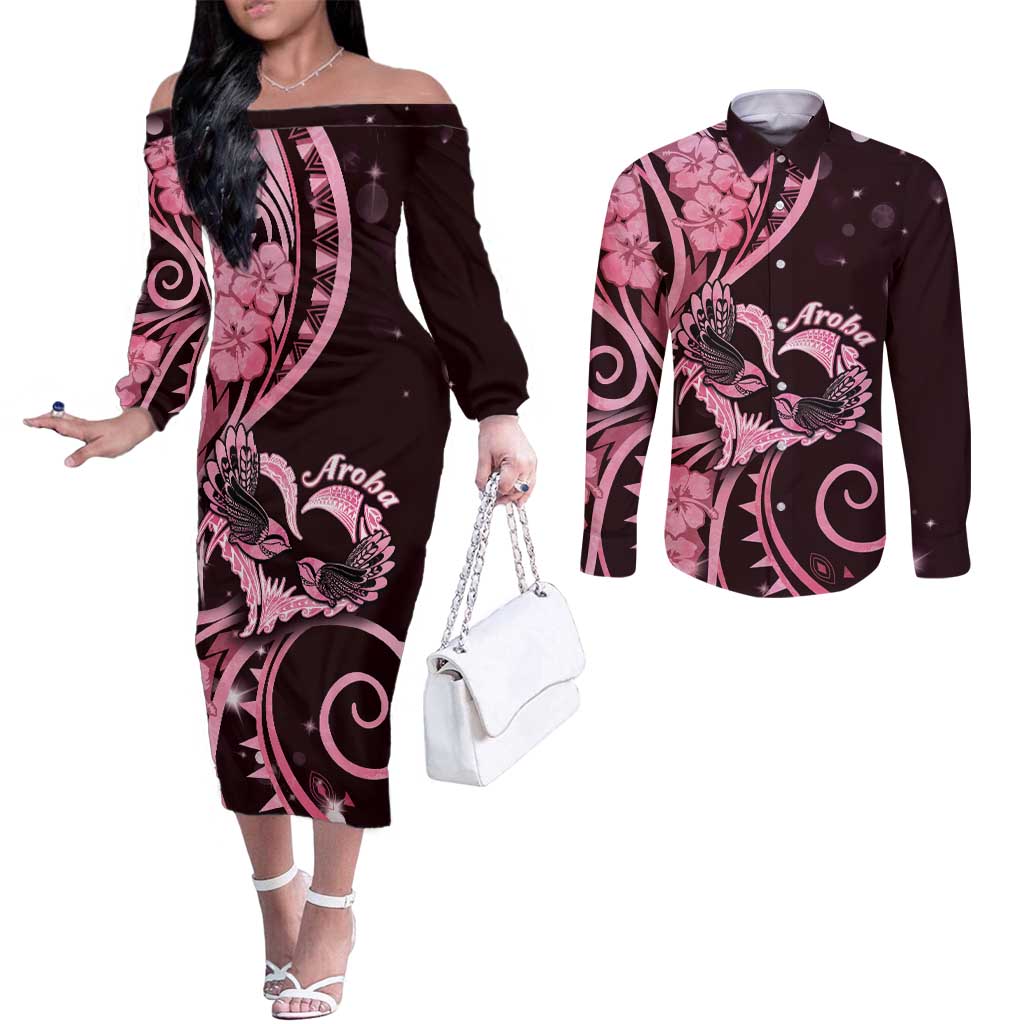 New Zealand Valentine Couples Matching Off The Shoulder Long Sleeve Dress and Long Sleeve Button Shirt Aroha Sweet Pink Piwakawaka