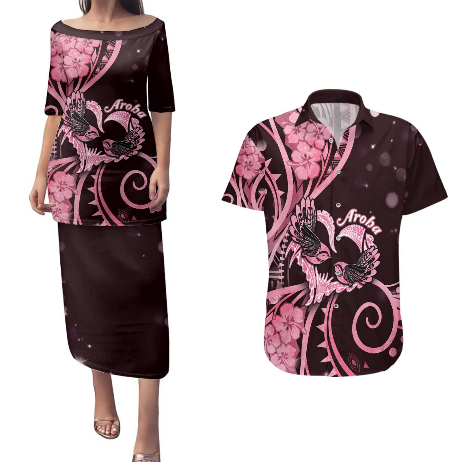 New Zealand Valentine Couples Matching Puletasi and Hawaiian Shirt Aroha Sweet Pink Piwakawaka LT05 Pink - Polynesian Pride