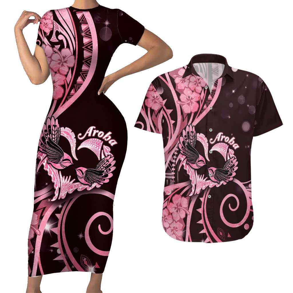 New Zealand Valentine Couples Matching Short Sleeve Bodycon Dress and Hawaiian Shirt Aroha Sweet Pink Piwakawaka