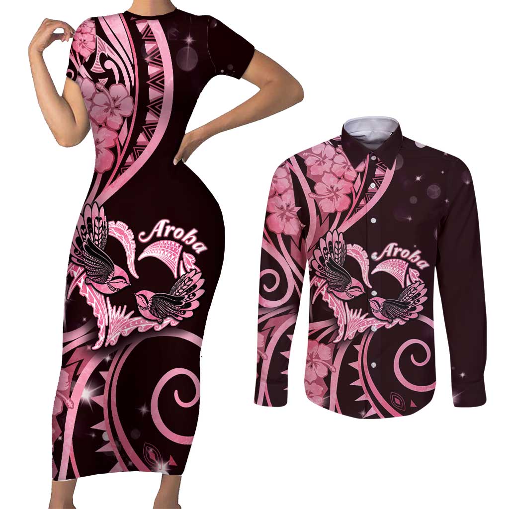 New Zealand Valentine Couples Matching Short Sleeve Bodycon Dress and Long Sleeve Button Shirt Aroha Sweet Pink Piwakawaka