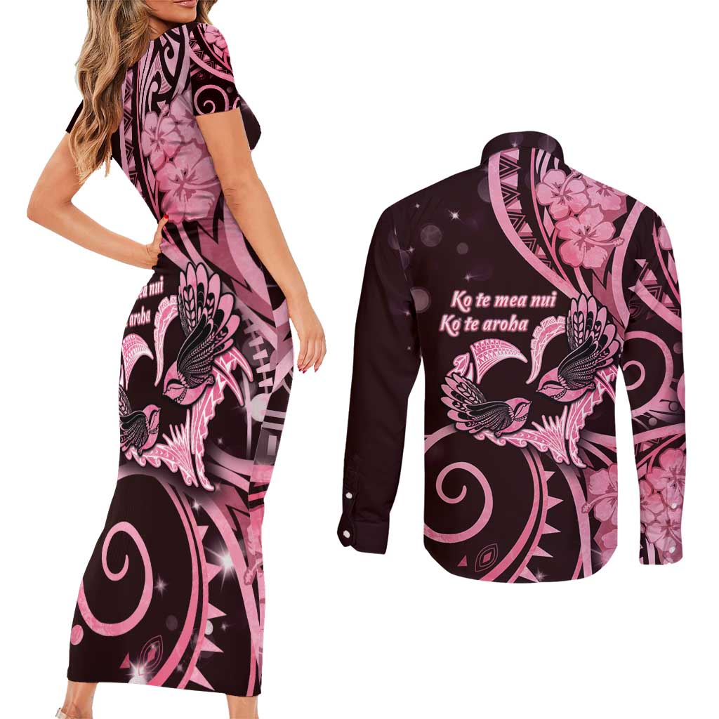 New Zealand Valentine Couples Matching Short Sleeve Bodycon Dress and Long Sleeve Button Shirt Aroha Sweet Pink Piwakawaka