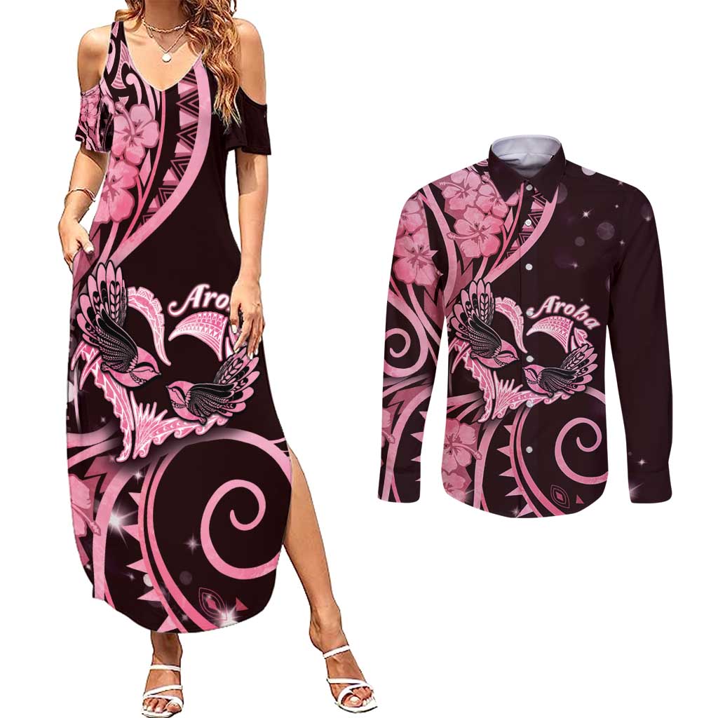 New Zealand Valentine Couples Matching Summer Maxi Dress and Long Sleeve Button Shirt Aroha Sweet Pink Piwakawaka