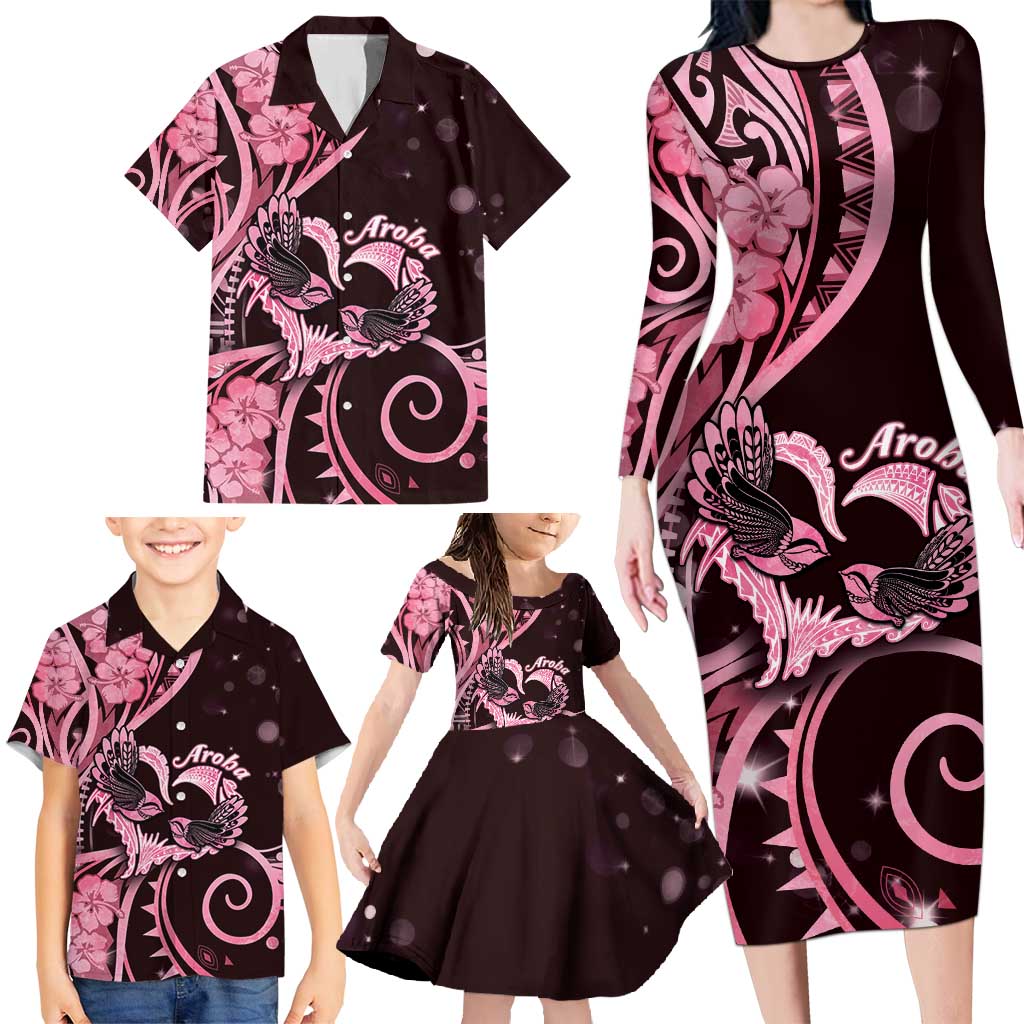 New Zealand Valentine Family Matching Long Sleeve Bodycon Dress and Hawaiian Shirt Aroha Sweet Pink Piwakawaka