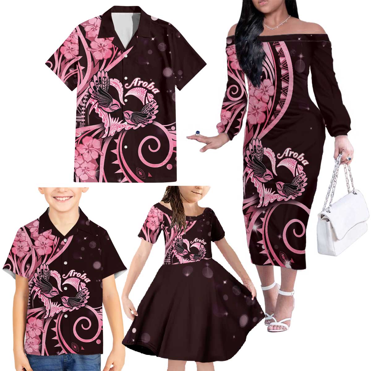 New Zealand Valentine Family Matching Off The Shoulder Long Sleeve Dress and Hawaiian Shirt Aroha Sweet Pink Piwakawaka