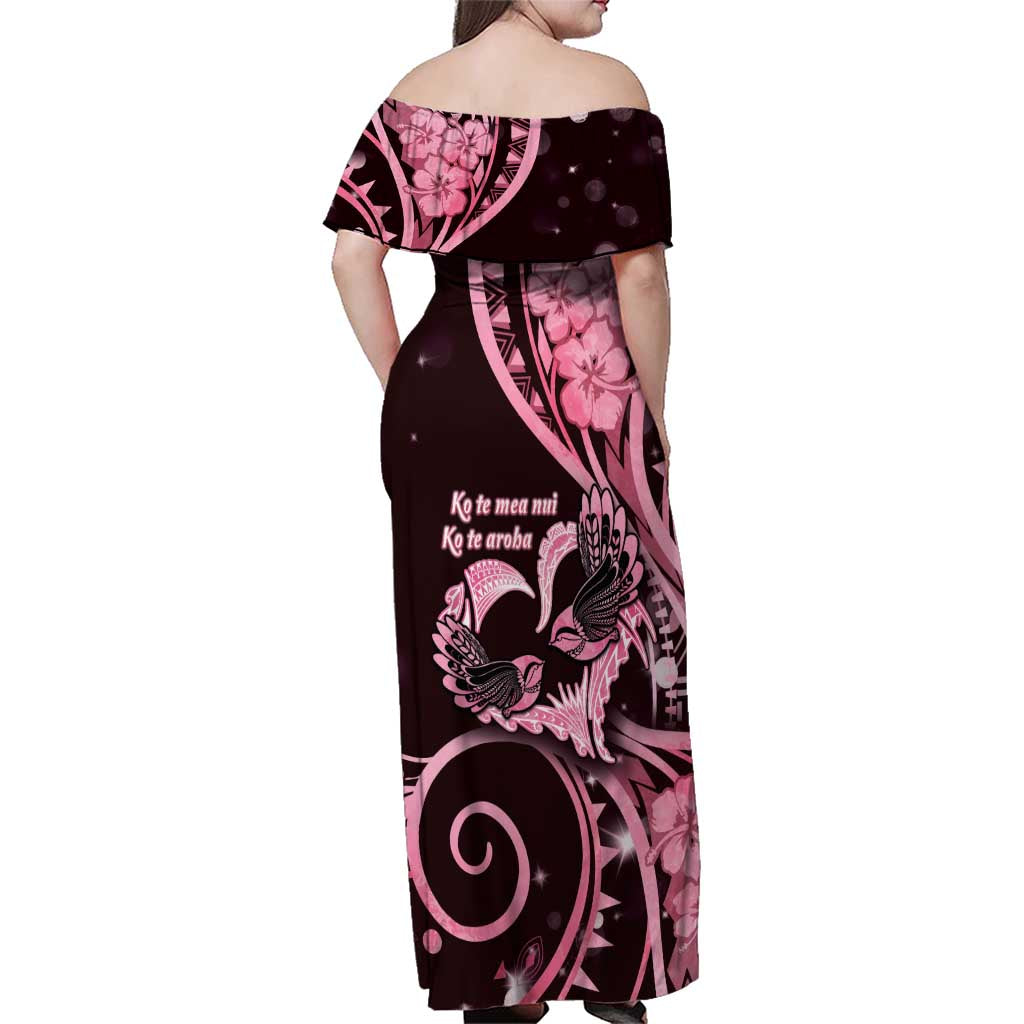 New Zealand Valentine Family Matching Off Shoulder Maxi Dress and Hawaiian Shirt Aroha Sweet Pink Piwakawaka