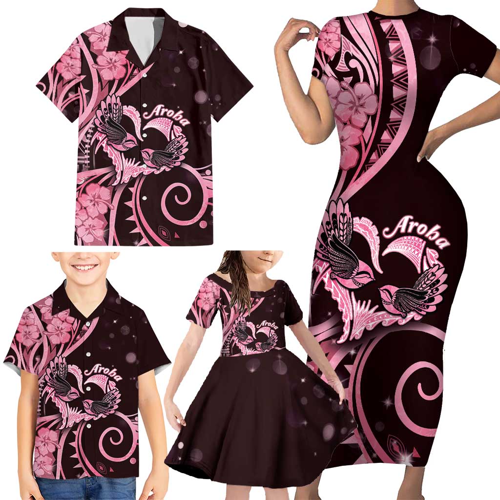 New Zealand Valentine Family Matching Short Sleeve Bodycon Dress and Hawaiian Shirt Aroha Sweet Pink Piwakawaka