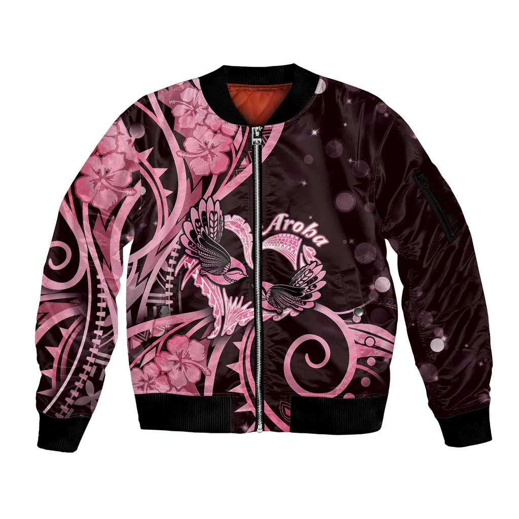 New Zealand Valentine Sleeve Zip Bomber Jacket Aroha Sweet Pink Piwakawaka