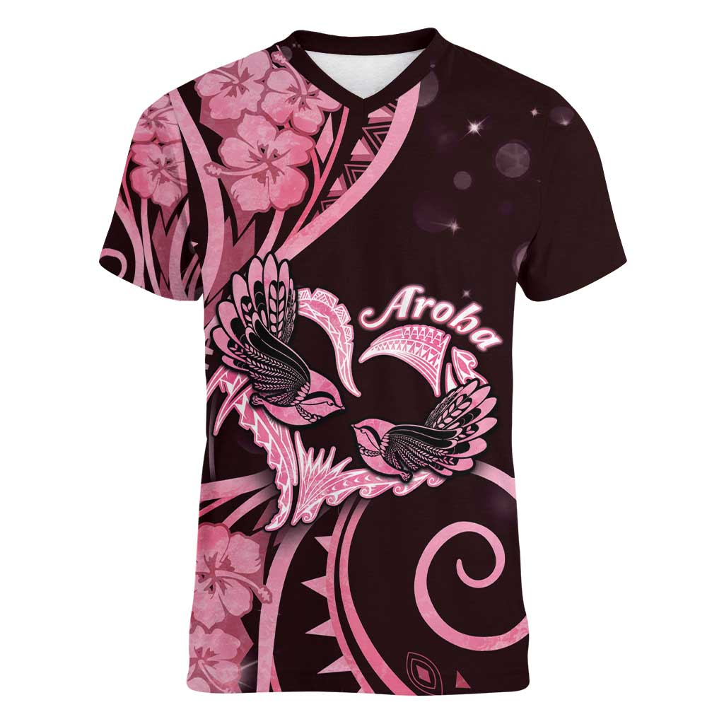 New Zealand Valentine Women V-Neck T-Shirt Aroha Sweet Pink Piwakawaka